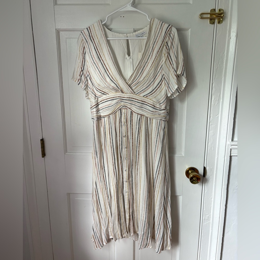 NWT Baltic Born Striped Button-Front Midi Dress, Size Large (L) White Pink Grey